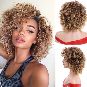 

DIANQI 14 inch synthetic hair afro kinky curly bob short wig with blond black wig for women party