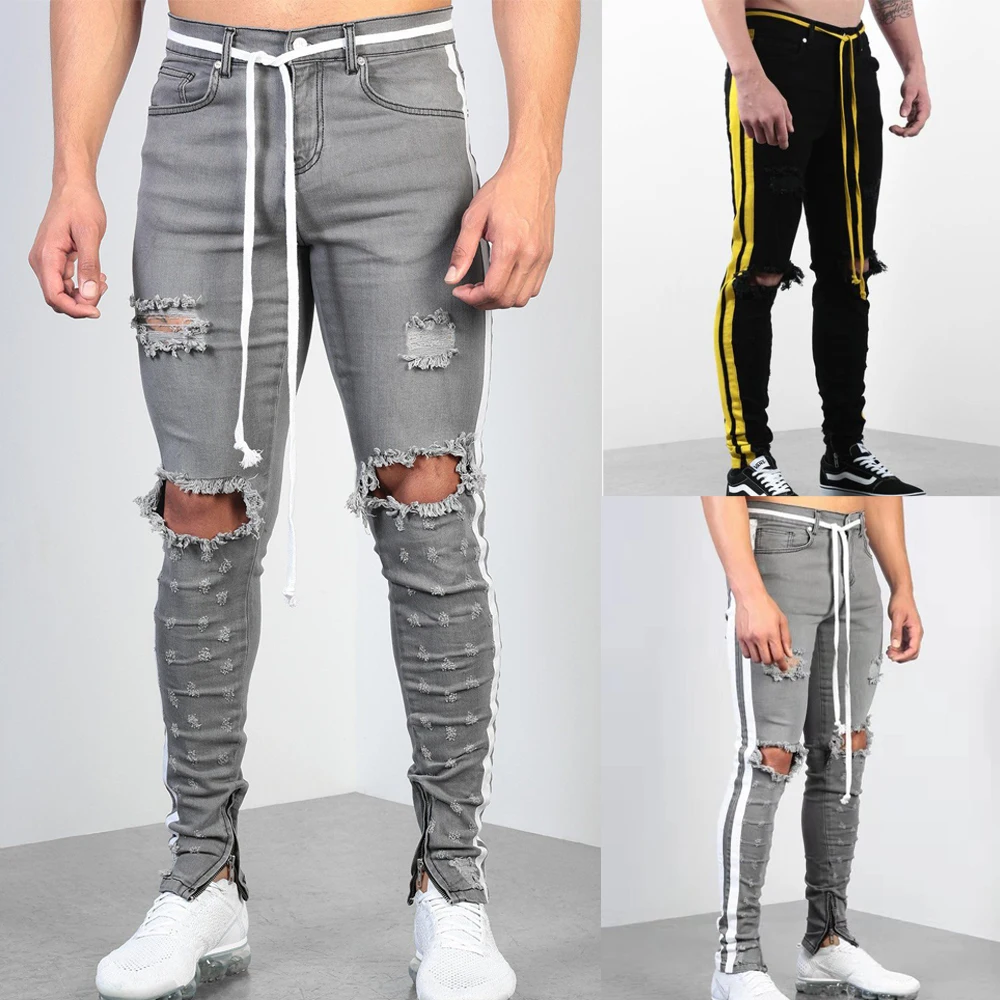 Men Track Casual Pants Button Sports Jogging Bottoms Hollow Out Fashion Side Stripe Joggers Gym Sweatpants Trousers Hole | Мужская