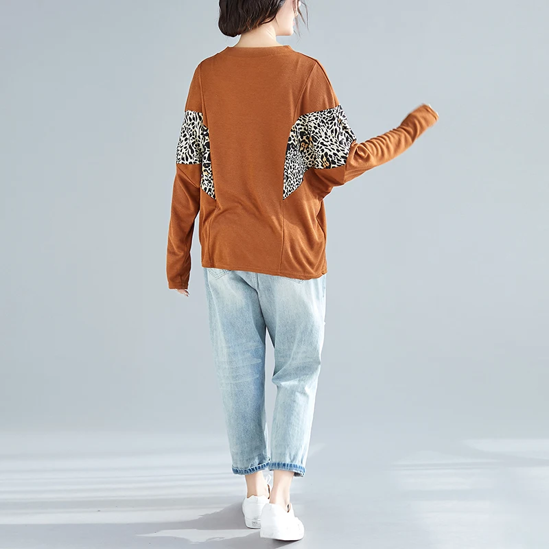 Blusas Футболка женская Свободная футболка Топ леопардовая строчка футболка Плюс Размер Женская одежда