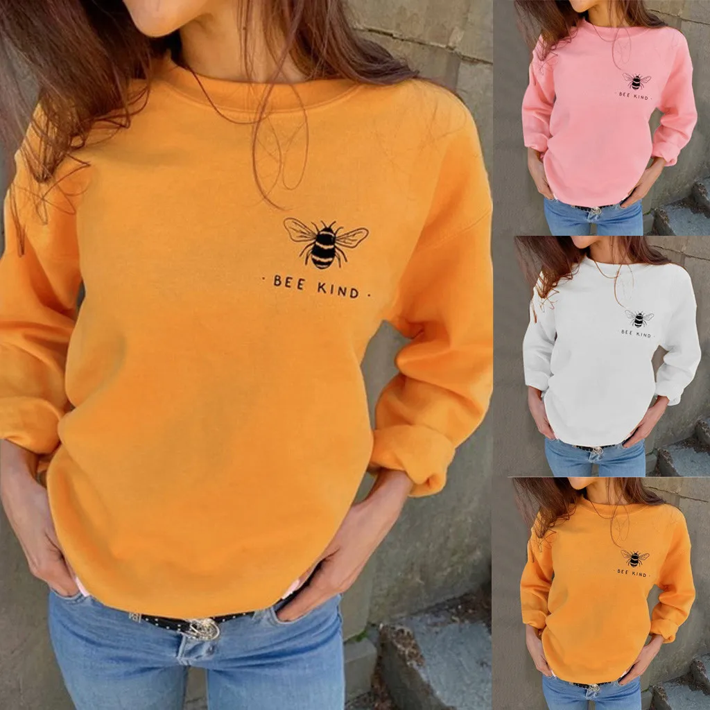

Hxroolrp Women GIRL Autumn Fashion Casual Long Sleeve Sweatshirts Bee Kind Letter Print Loose Blouses Streetwear Top F1