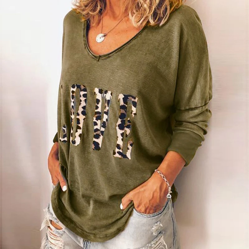 

Spring Autumn Casual Long Sleeve Tops Loose Casual Tshirt New Office Lady Leopard Print Fitted Pullovers Long Sleeve Tee