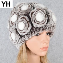 Горячая Распродажа зимние женские вязаные натуральный настоящий мех кролика шапки женские теплые Настоящий мех кролика шапки Цветочные меховые шапочки