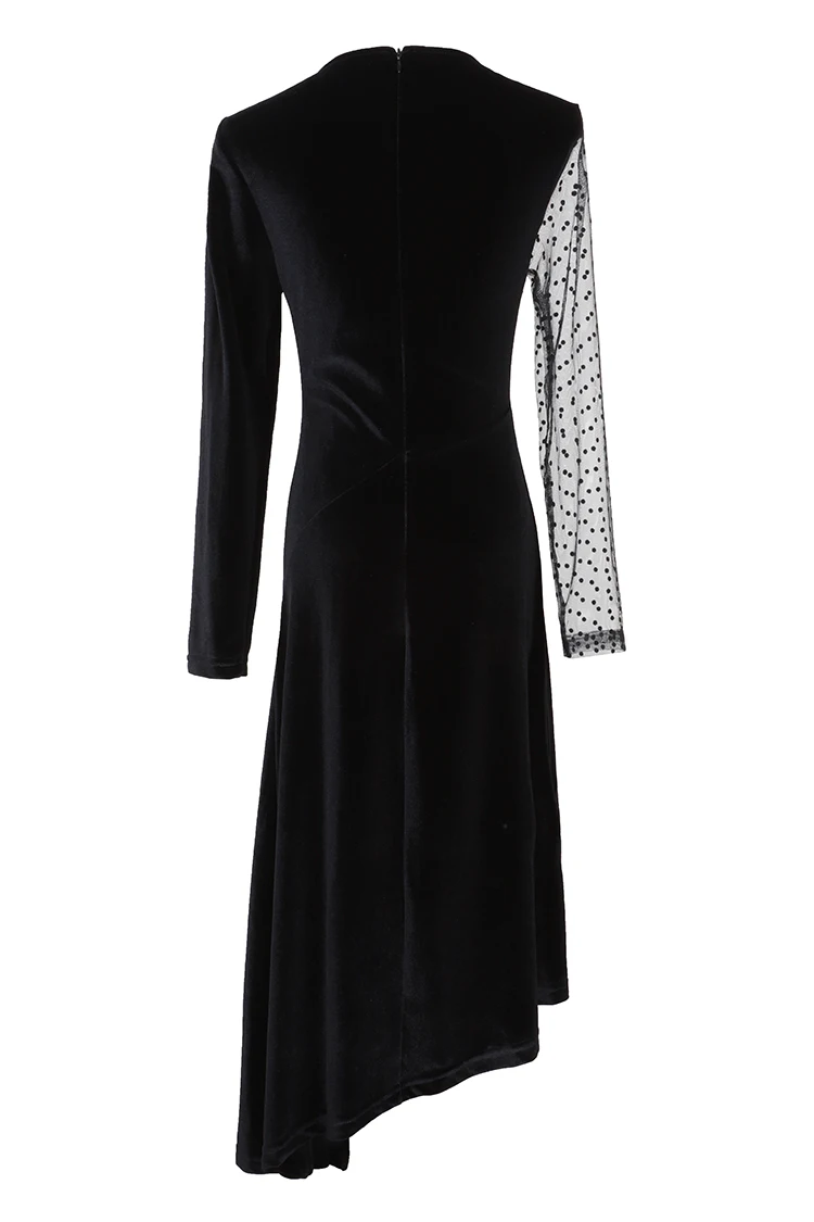 VERDEJULIAY Runway Velvet Dress Autumn Winter New Fashion Irregular Long Sleeve Dot Mesh Black Women Midi Slim Dress