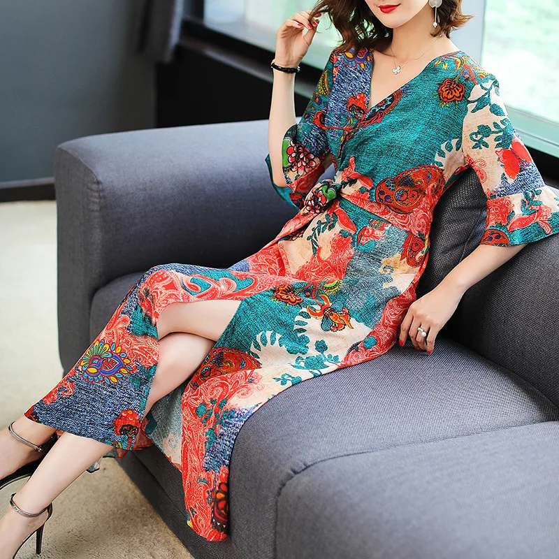 

Printing Korean Vintage Dress Elegant Spring Summer Dress Women Clothes 2020 Long Silk Dress Women's Dresses Vestidos ZT2083