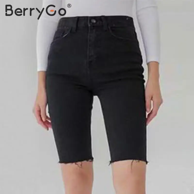 BerryGo, модные облегающие Короткие штаны для женщин, уличная одежда на пуговицах, одноцветные обтягивающие эластичные брюки, элегантные женские осенние мягкие черные штаны