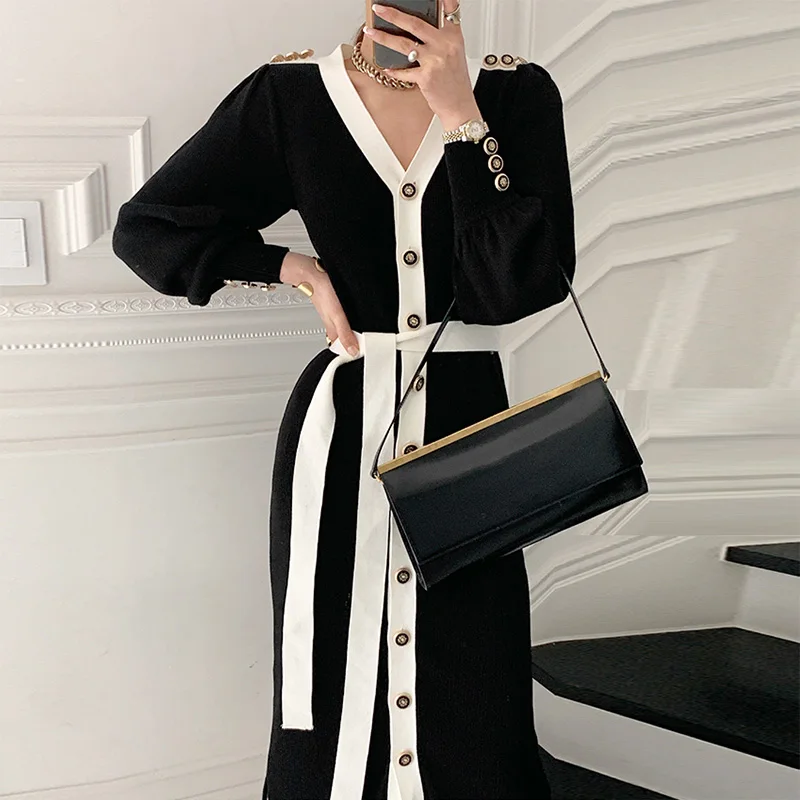 

Croysier Autumn Winter Elegant Office Single Breasted Cardigan Sweater Dress With Belt Sexy Knitted Bodycon Midi Dress Women