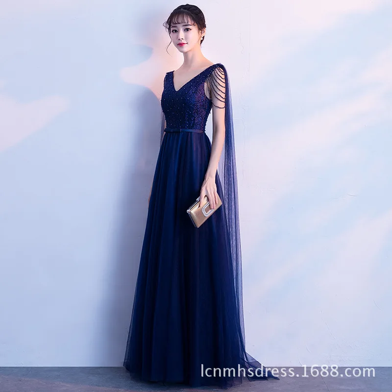 Элегантное Вечернее Платье С v-образным вырезом, длинное модное синее платье для выпускного вечера с шлейфом Ватто, а-силуэт, официальное свадебное платье
