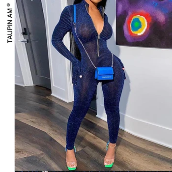 

TAUPIN AM 2020 Long Sleeve Tracksuit Jumpsuit Bodycon Sparkling Elastic Sexy See Through Women Rompers Finess Bodys Mujer