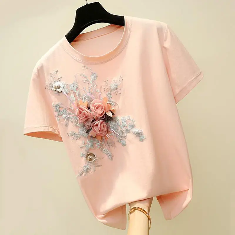 Women Streetwear Flowers T Shirts Solid Appliques Cotton