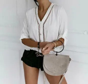 

Women Sexy V Neck Chiffon Blouse Shirt Spring Autumn White Hollow Elegant Office Lady Blouses Tops Plus Size S-XL Female Blouse