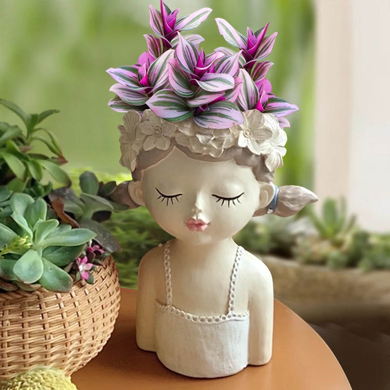 Resin Vase Creative Girl Sculpture Fake Flower Flower Arrangement Vase Succulents In Pots Home Desktop Decoration Exquisite Gift 4