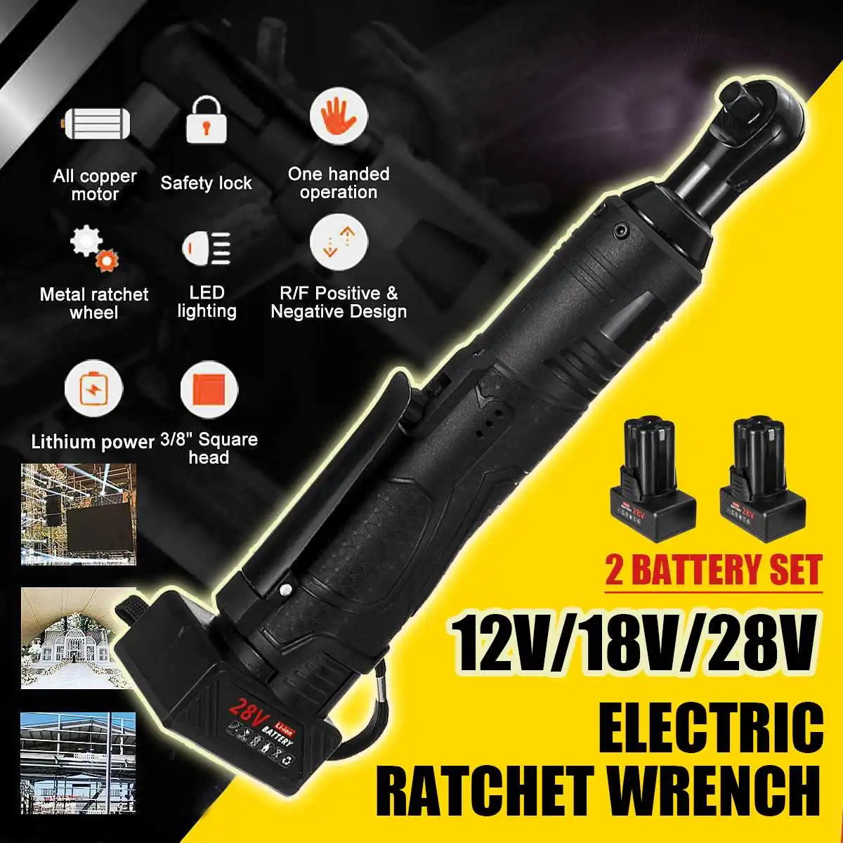 

12V/18V/28V Electric Ratchet Wrench 3/8 Cordless Right Angle Wrench 45-85NM Torque 90 degree Power Tool With 2 Battery