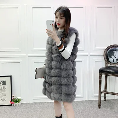 Grey 90cm Уникальный дизайн X-Long жилет из натурального меха лисы полный ремень женский длинный тонкий натуральный мех пальто с карманами молния спереди 90 см/110 см - Цвет: Grey 90cm
