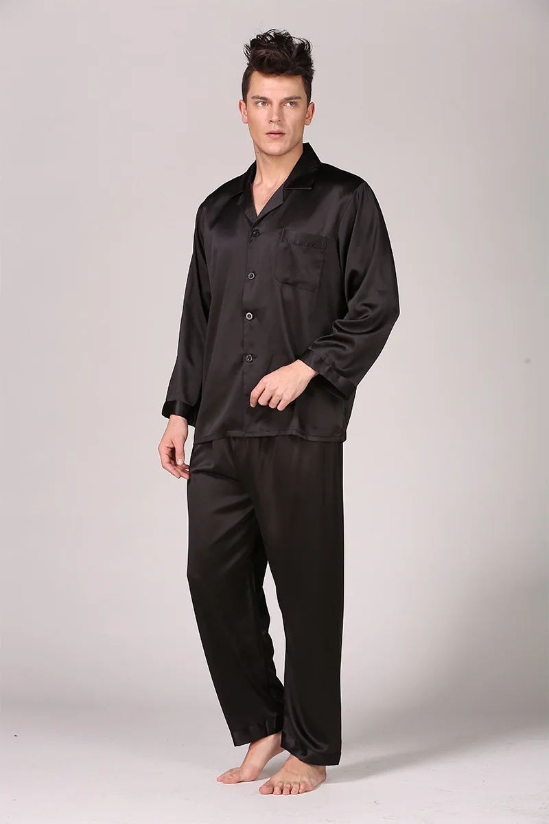 Мужская одежда для сна черного цвета, пижама с длинными рукавами, спальные костюмы для мужчин, домашняя одежда, шелковые пижамы для мужчин, одежда для сна, Мужская пижама, комплект