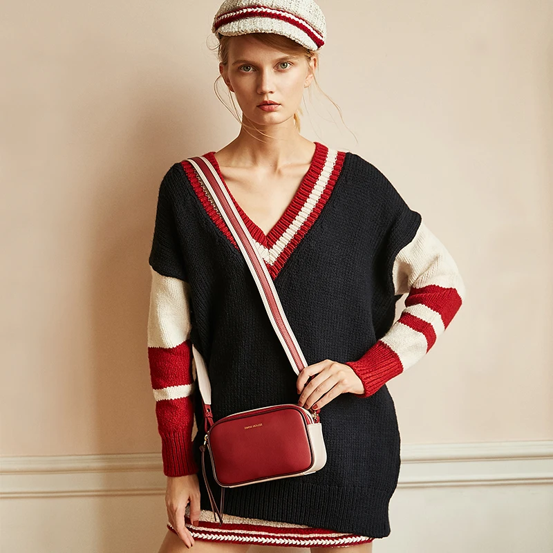 

EMINI HOUSE Litchi Grain Women Flap Bag Split Leather Panelled Stripe Crossbody Bags For Women Double zipper Lady Messenger Bags