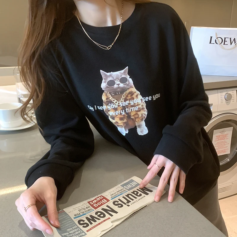 

Hot Sale Hip Print Hip Hop Cat Cool Hoodies Women Autumn Oversized Sweatshirts Long Sleeve Tops Casual Hooded Woman Pullovers
