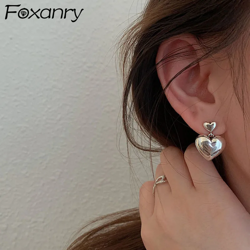 FOXANRY Prevent Allergy Silver Color Stud Earrings For Women Summer Trendy Vintage Sweet LOVE Heart Pendant Party Jewelry