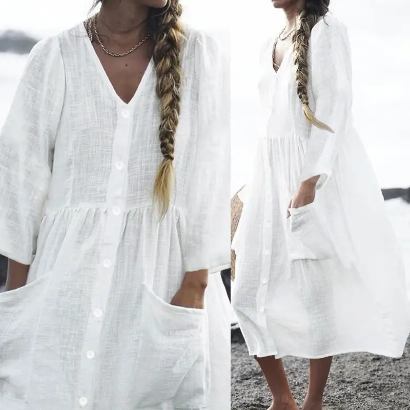 

Women Vintage Mid-calf Dress Celmia 2019 Autumn V Neck Female Tunic Shirt Long Sleeve Loose Buttons Party Cotton Linen Dress 5XL