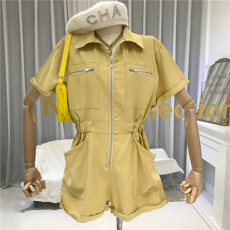 ALPHALMODA New Fashion Safari Jumpsuits Women 2020 Summer New Multi-Pocket Zipper Stretchy Waist Slim Solid Playsuits