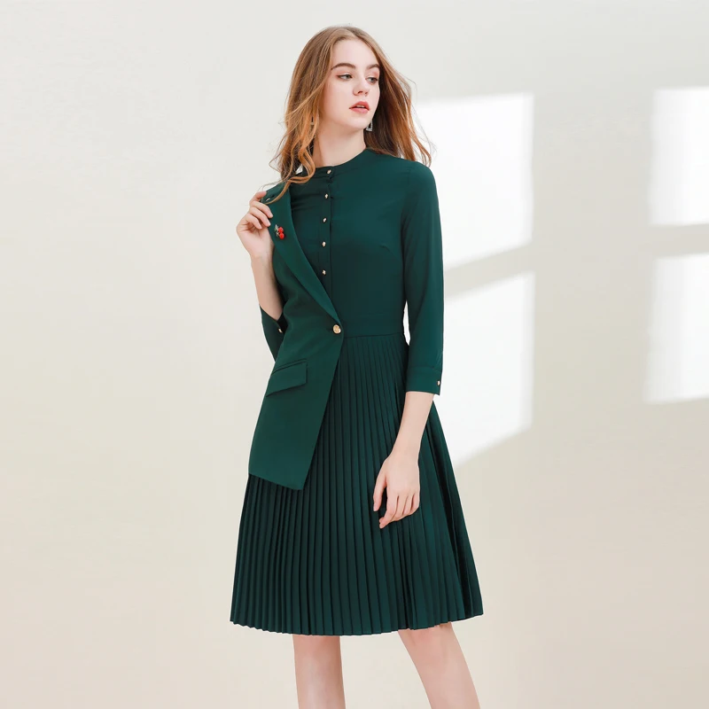 

Xiaomoli Green solid Pleated Dress round neck fashion commuter irregular dress new fall 2019