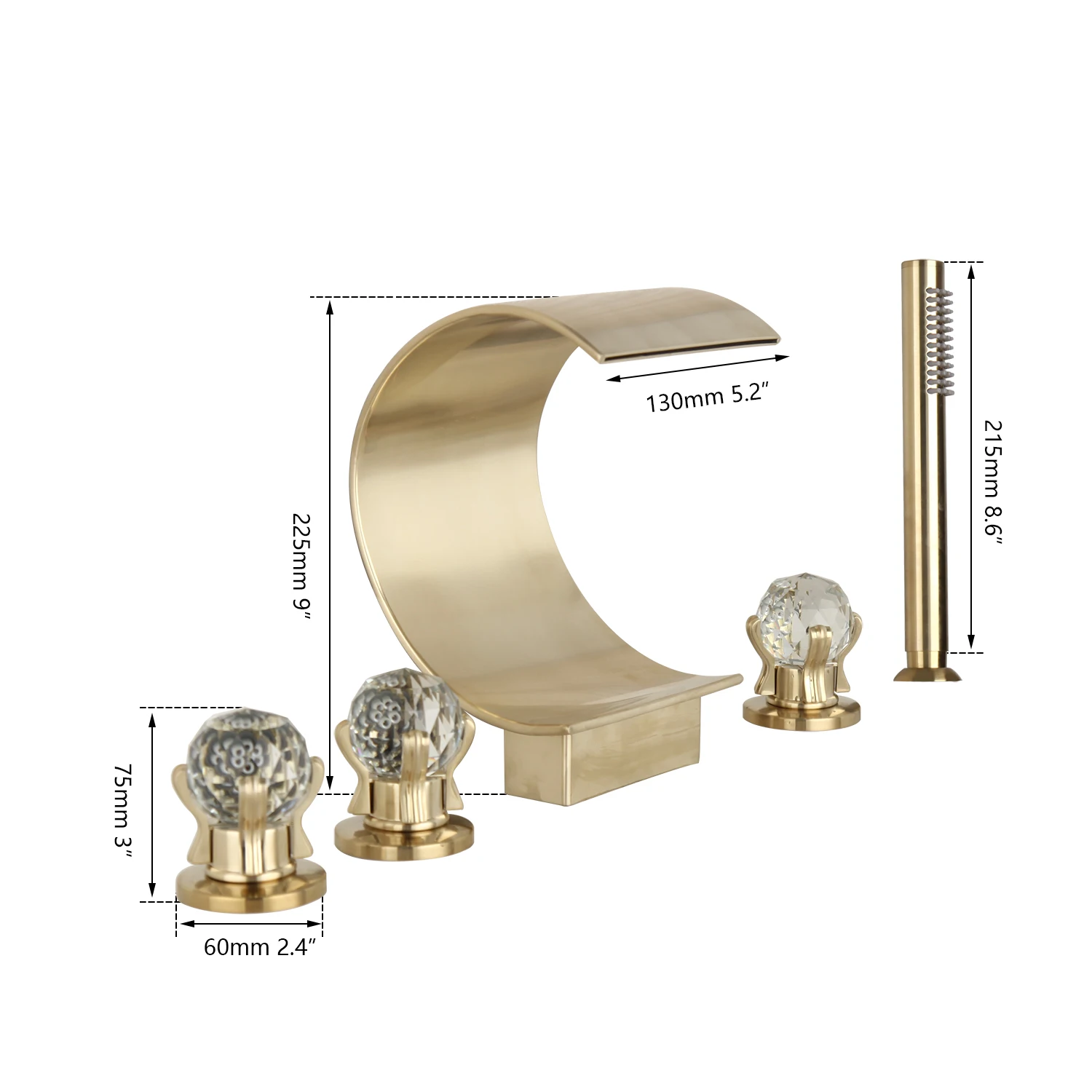 KEMAIDI Brushed Gold Bathroom Faucet 5 Pcs Basin Sink Bathtub Shower Set w/ Waterfall Spout Tub Washbasin Mixer Water Tap Gold