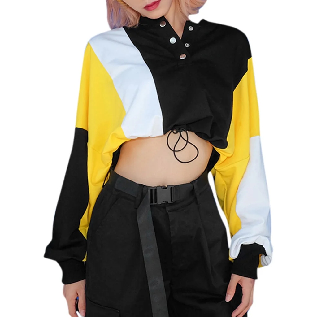 

2019 Long Sleeve Loose Crop Top Sweatshirt Casual Patchwork Neck Elastic Waist Pullovers Shirts Girls V-Neck Streetwear