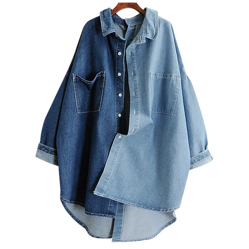 BF стиль Denim K джинсовая куртка Женская Лоскутная Осенняя длинная джинсовая куртка Высокая Низкая однобортная джинсовая куртка длинная синяя джинсовая