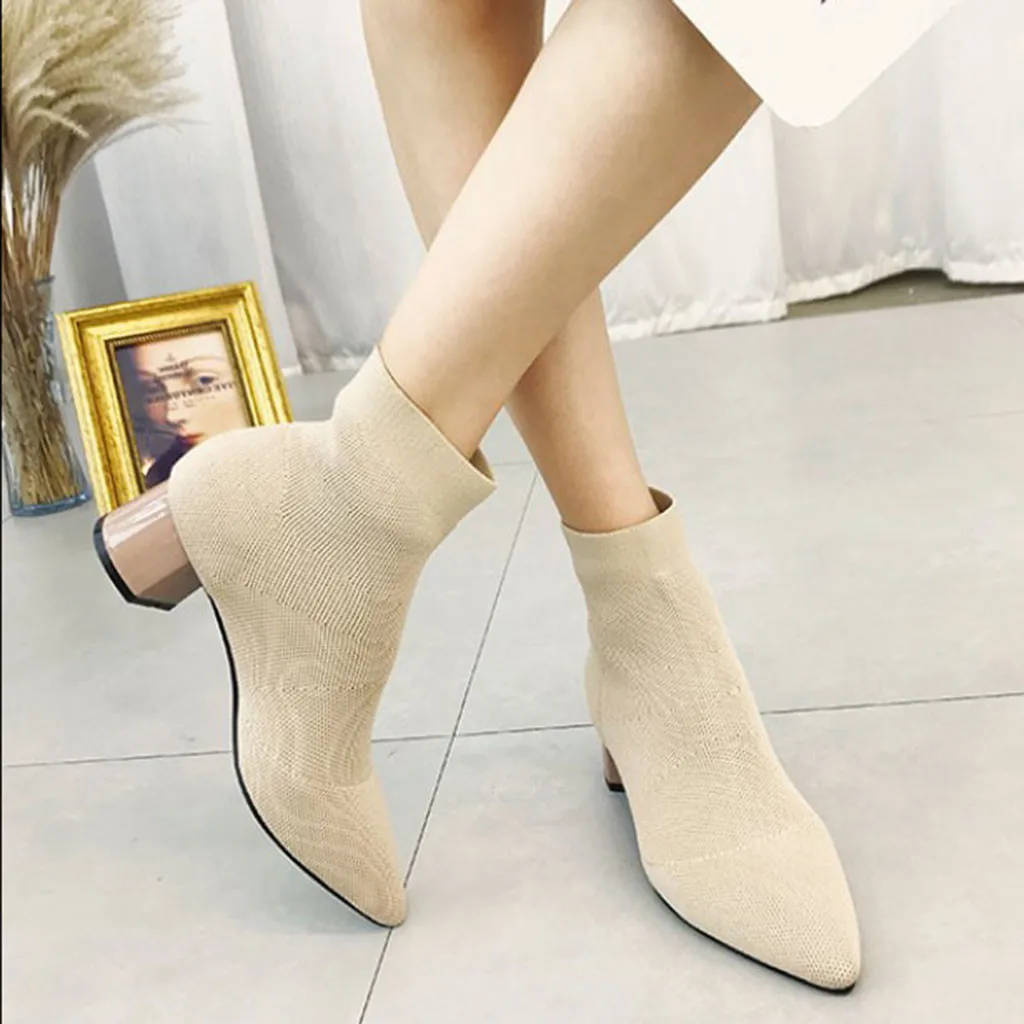 

LM10 Winter Women Ladies Knitting sock boots Fashion Puppy Heel Pointed Toe Square Heel Knitting Boots Casual Women's Shoes