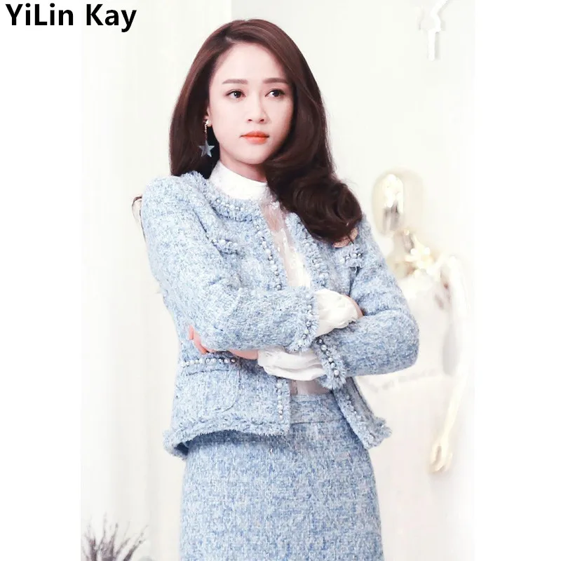 

YiLin Kay Tweed Women 2 Piece Set 2019 Women Pearls Tweed Short Jacket Wool Coat+Bodycon Pencil Skirt Suit