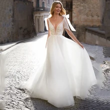 

HAMMAH Vintage Princess Vestido De Novia Appliques V Neck Bow Backless Long A-line Tulle Wedding Dress Formal Occasion