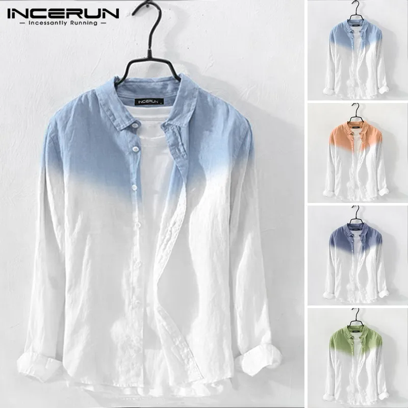 Mens Shirt Button Long-Sleeve INCERUN Gradient High-Street Men Casual Fashion S-5XL