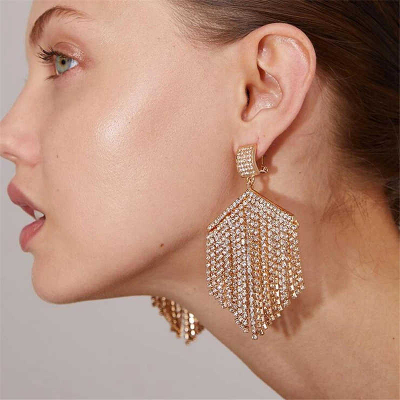 

Luxury rhinestones hexagons tassle earrings for women girls exaggerated acrylic street beats earings fashion jewelry