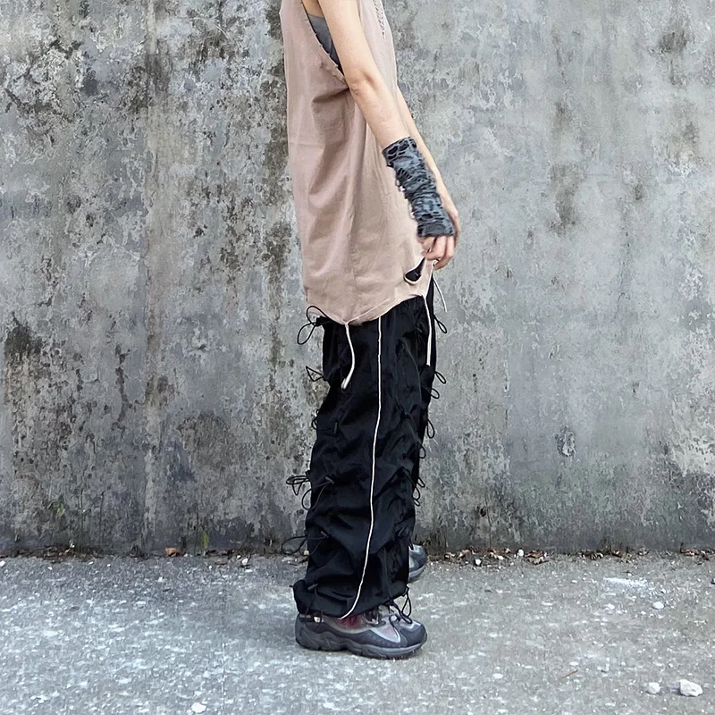 [EAM] High Elastic Waist Green Drawstring Wide Leg Long Trousers New Loose Fit Pants Women Fashion Tide Spring Autumn 2020 1X847