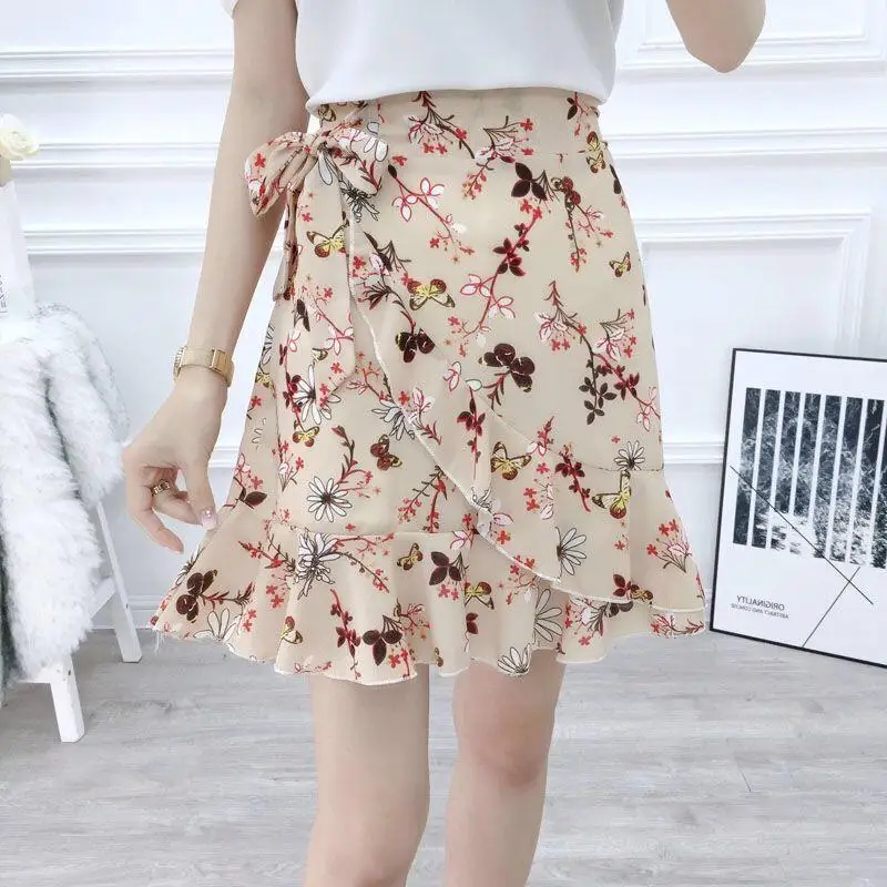 

Printed short women's skirt bag hip high waist thin chiffon lotus leaf edge shredded fishtail skirt korean fashion clothing