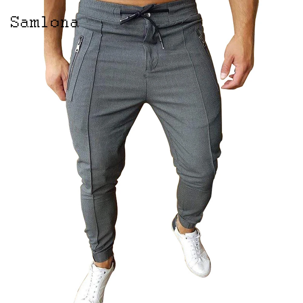 

Samlona Autumn New Men's Pants Bottom Gray Blue Thin Trouser Lace-up Casual Pant Streetwear Man Korean Slim Pants Leisure Trend