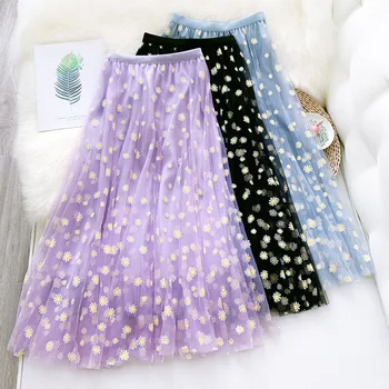 

Summer Women's Small Daisy Mesh Skirt New Long A-line Swing Skirt Women Sweet College Style Skirt GD408