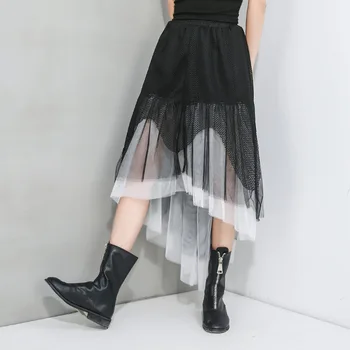 

LANMREM 2020 Spring Summer New Arrivals Lace Mesh Patchwork Pleated Women Fashion Casual Irregular Ankle-length Skirt AW52901