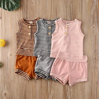 

2020 Summer Infant Baby Girl Boy Striped Clothes Sleeveless Vest Top+Shorts 2pcs Casual Baby Outfit Clothing Sets