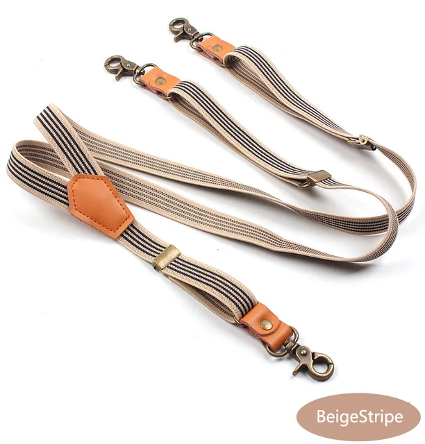Deepeel 1pc 2*110cm Suit Trousers Shoulder Strap 3 Clips Sanp Buckles Suspenders Retro Hook Jeans Decoration Male Jockstrap BeigeStripe
