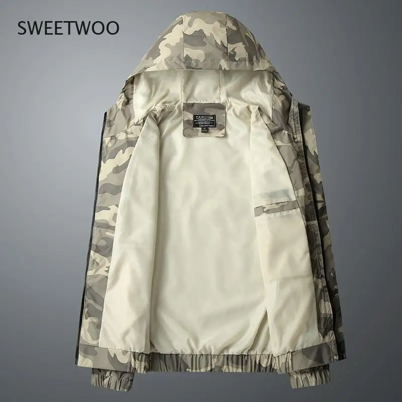 Camouflage Hooded Jacket Men Spring Korean Outdoors Casual Streetwear Breathable Military Windbreakers