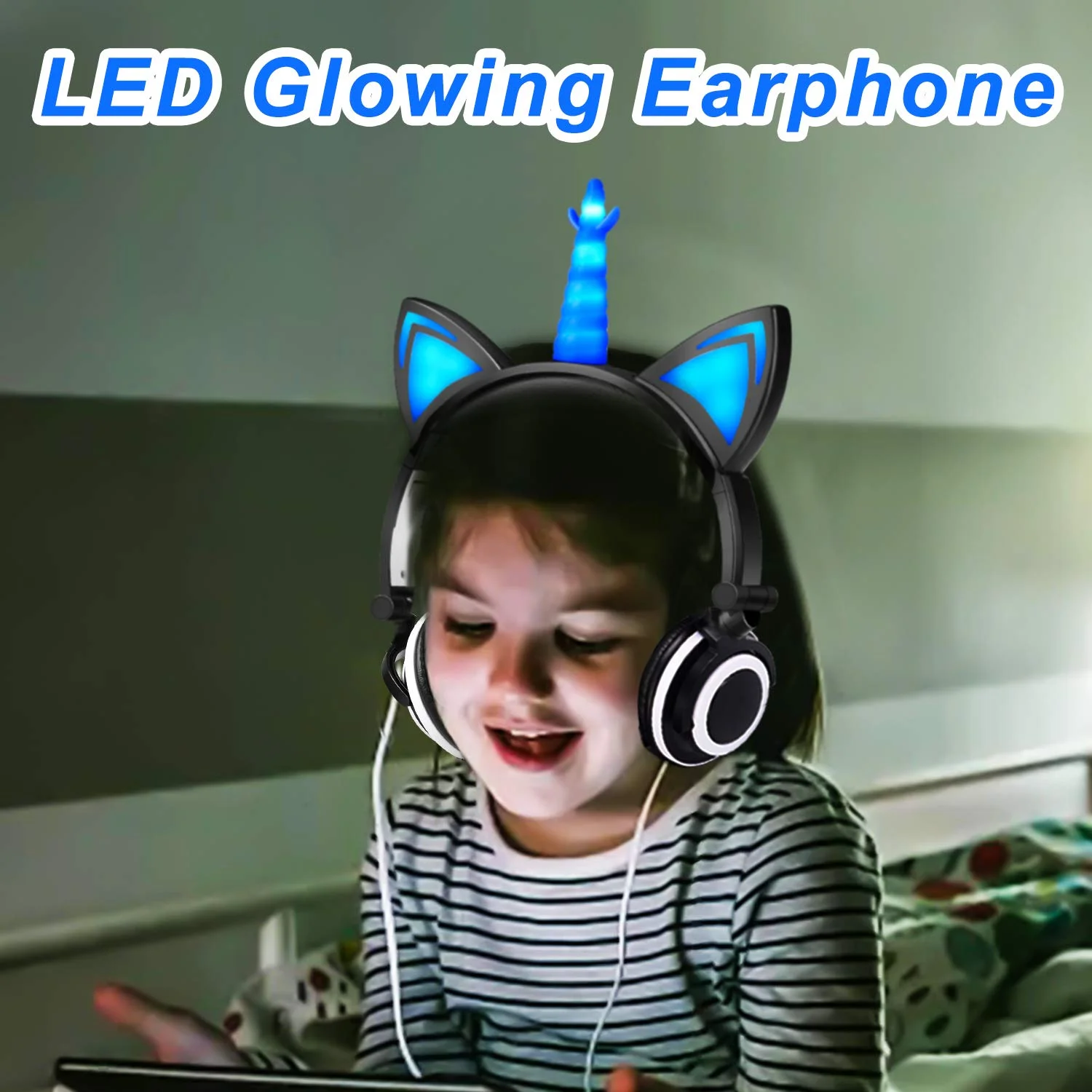 Glowing Unicorn Cat Ear LED Light Up Wired Adjustable Foldable On Over Ear Headphones for Game Travel School Birthday Gift Girls