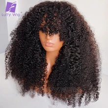 

Afro Kinky Curly Wig Full Machine Made Scalp Top Human Hair Wig With Bangs 200 Density Remy Brazilian Short Wigs Luffywig