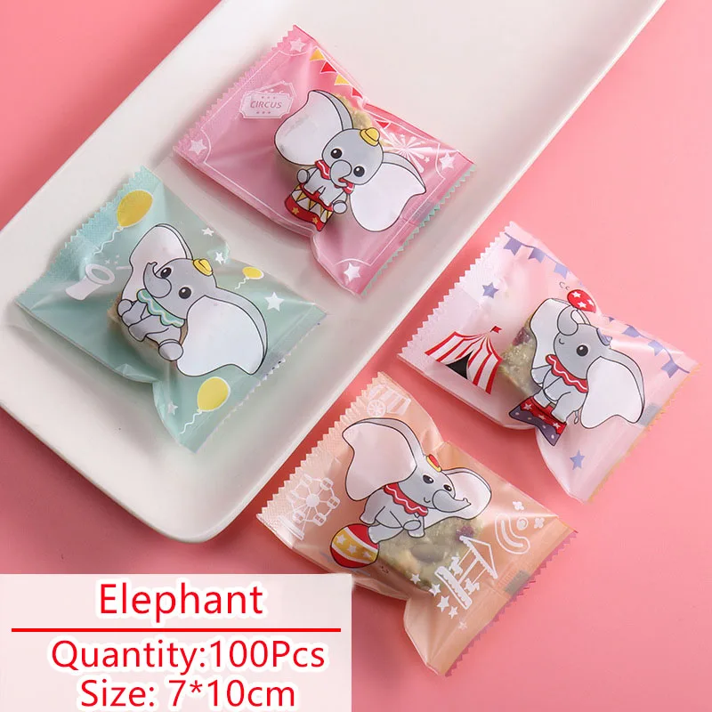 

100pcs/lot Candy Bag Cookies Pack Cartoon Circus Elephant Pattern Homemade Nougat Biscuit Party Wedding Sack Food Packing Bags
