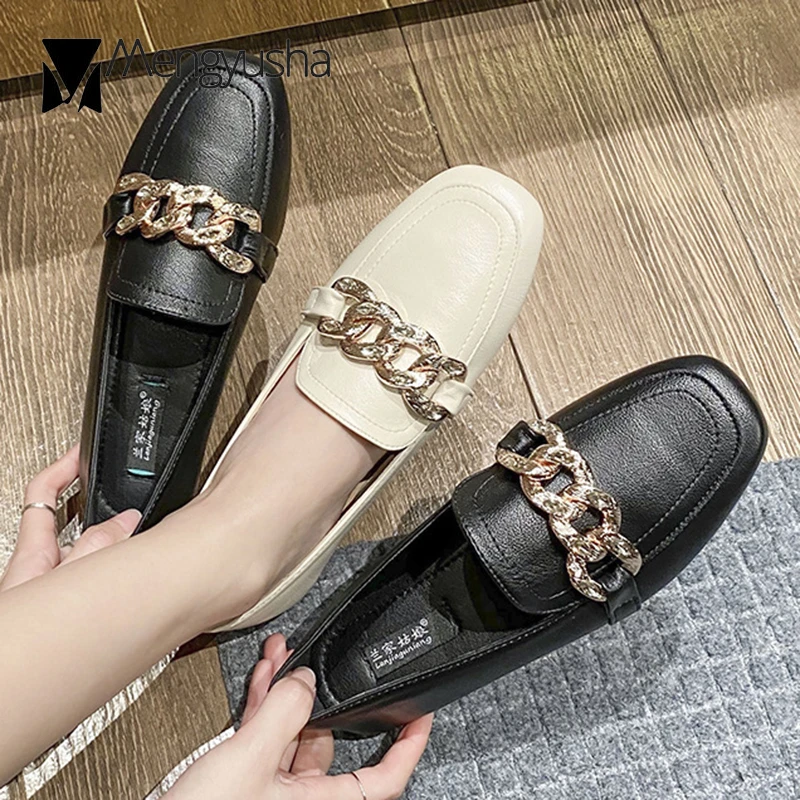 Zapatos pequeños de cuero para mujer, mocasines con cadena de metal y cristal, de punta cuadrada, sin cordones, talla 34 43|Zapatos de mujer| - AliExpress