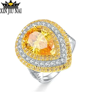 

Water Drop Yellow Zircon Crystal From Rings For Women Exaggerate Female Citrine 12*9mm 925 Silver Fine Jewelry Gift
