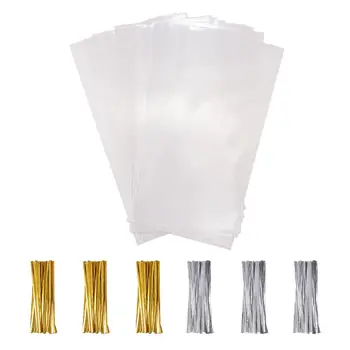 

100~400Pcs Rectangle OPP Cellophane Bags with Plastic Iron Core Wire Twist Ties