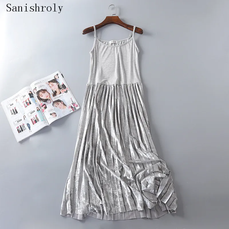 

Sanishroly Spring Women Long Pleated Spaghetti Strap Dresses Lady Bottom Modal Patchwork Golden Velvet Dress Tank Vestidos S1147