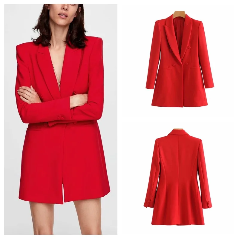 

Autumn New Style Western Style WOMEN'S Dress Mid-length Double Breasted Solid Color Slim Fit Suit Jacket Tops