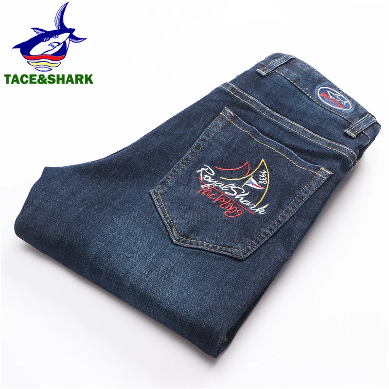 TACE& SHARK, модный бренд, прямые джинсы, мужские, с вышивкой, облегающие мужские джинсы, деловые, повседневные, Акула, джинсовые штаны, Homme размера плюс