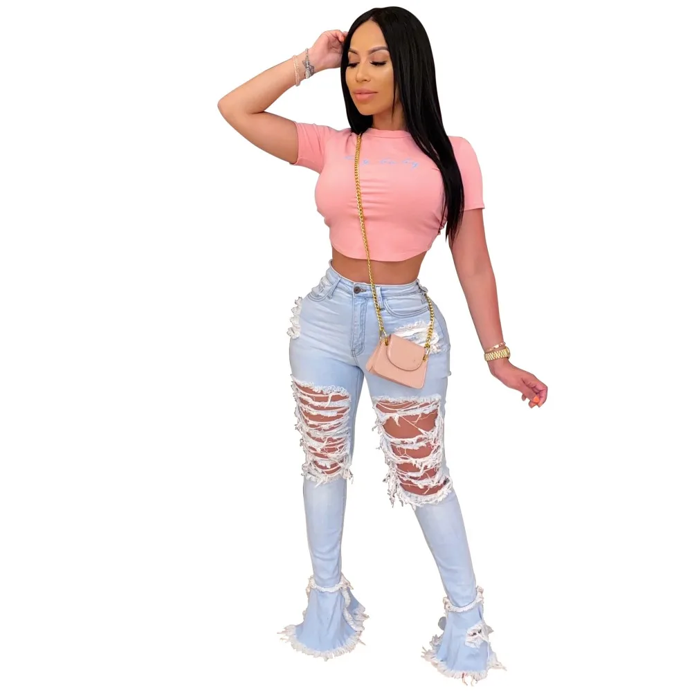 2020 Summer Denim Pants Women Retro Solid Sexy Hole Jeans Ripped Flare Trousers Street Skinny High Waist Lady Pants (10)
